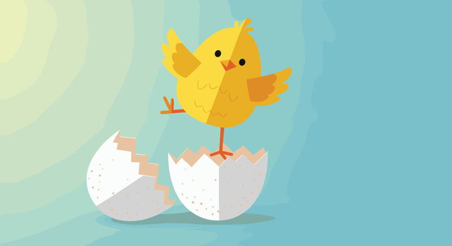 Cute yellow baby chick standing on one leg next to a cracked eggshell on a textured light blue background.