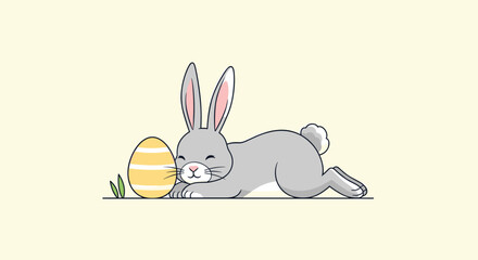 Fototapeta premium Gentle gray bunny rabbit sleeping peacefully next to a yellow striped Easter egg on a pale yellow background.