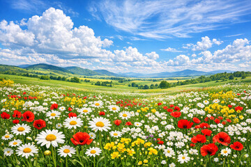 Fototapeta premium A vivid field filled with colorful flowers and a beautiful mountain range in the distance under a blue sky with clouds.