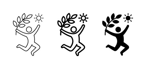 Fototapeta premium Joyful Figure Silhouette, Olive Branch, Sun Icon Set, Vector Graphics for Celebration and Success Concepts