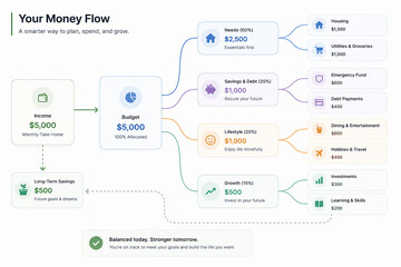Naklejka premium It’s a visual budgeting plan illustrating how to allocate monthly income toward needs, savings, and lifestyle goals.