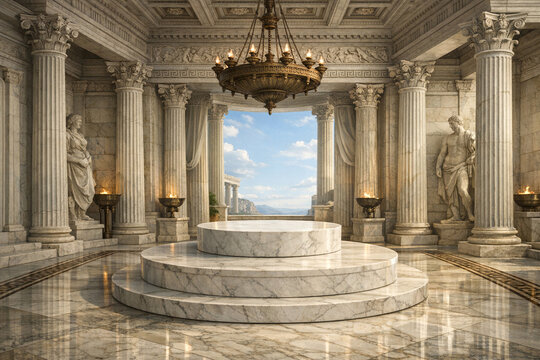 Grand marble hall with classical columns and statues. Chandelier hangs above a central marble dais. Sunlit view through open archway reveals distant sea. Polished floors reflect architectural grandeur
