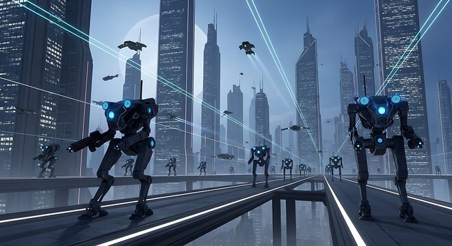 Advanced combat robots patrolling a futuristic dystopian city with drones.