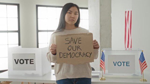 Woman holds cardboard sign reading save our democracy beside ballot boxes at a voting table inside a building; civic concern.