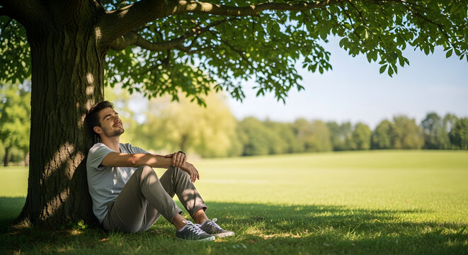 Man sitting under a tree in a park on a sunny day