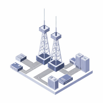Modern communication towers connected to data centers isometric view.