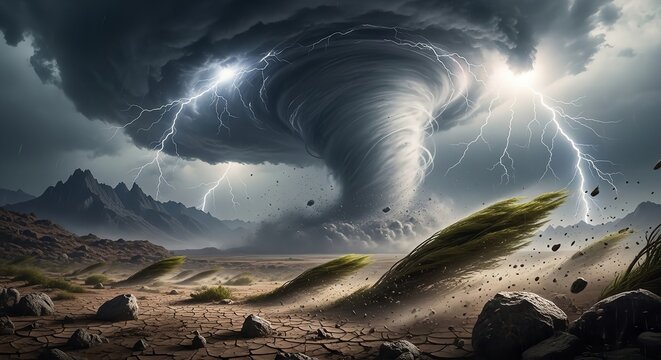 Tornado forming over desert landscape with lightning during storm