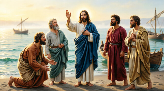 Jesus calls fishermen at sunrise, inspiring faith and devotion by the sea.