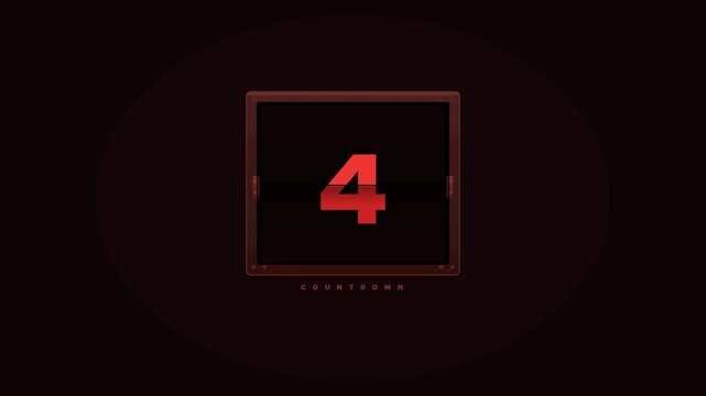 Industrial metallic countdown timer with deep crimson red digits ticking down on dark maroon cinematic background