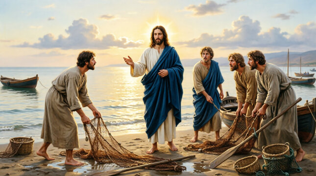 Jesus calls fishermen at sunrise, inspiring faith and devotion by the sea.