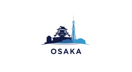 Naklejka premium Osaka City Skyline - Iconic Japanese Landmarks Silhouetted in Blue.