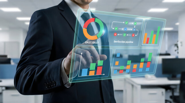 Business manager reviewing DevSecOps pipeline on interactive display