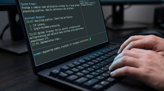 Software developer engineering complex AI strategies on a laptop screen