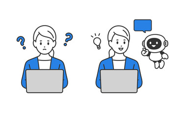 Obraz premium AI･チャットボットで疑問を解決するビジネスパーソン女性のセット【人物ベクターイラスト素材】