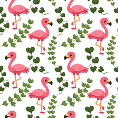 Obraz premium Cute cartoon pink flamingo and tropical plants seamless pattern