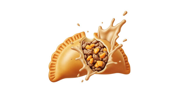 Delicious Savory Pastry Meat Pie Broken Open with Rich Gravy Splash Effect Isolated on White Background