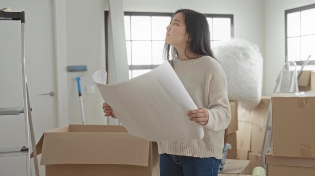 Woman holding large paper blueprint with hands and reading among packed cardboard boxes in a bright room of a building; moving planning anticipation.