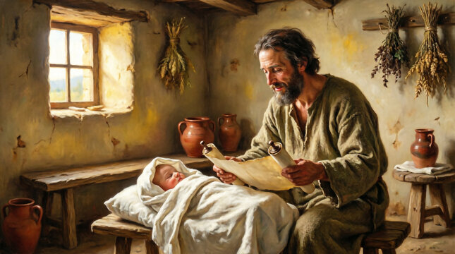 Zachariah blesses John&rsquo;s birth, divine light shines in sacred Christian art.