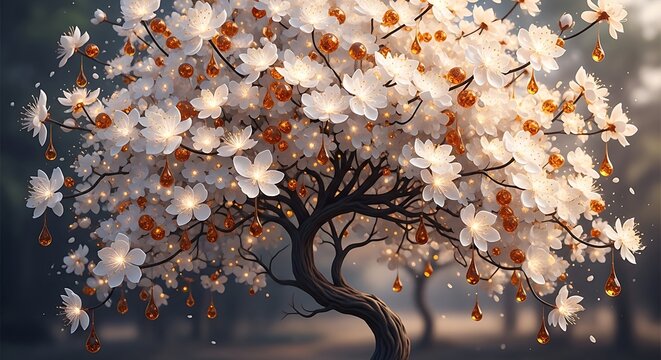 Ethereal cherry blossom tree with glowing white flowers, magical spring landscape with amber light droplets, fantasy blooming tree in soft forest