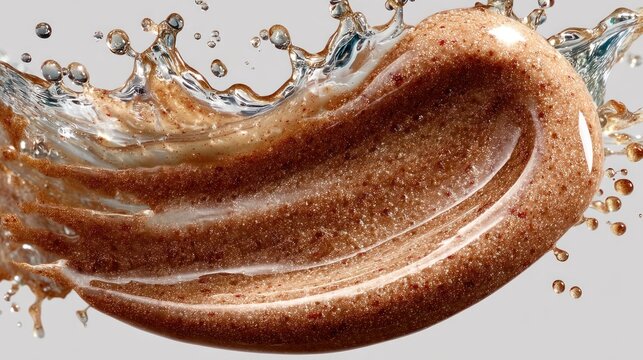 Close-up of cosmetic product splash, textured brown paste with water droplets against gray backdrop