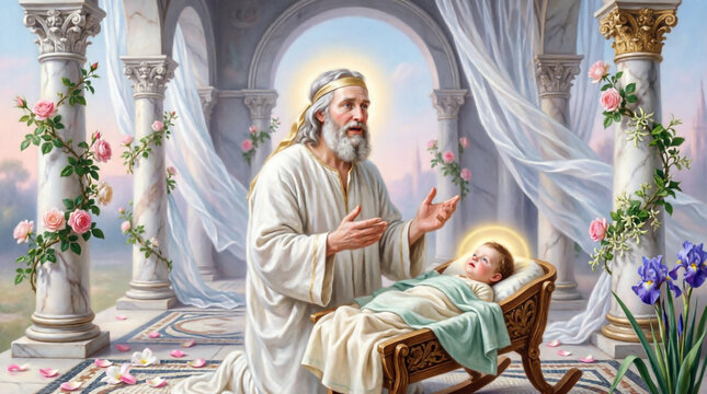 Zachariah blesses John&rsquo;s birth, divine light shines in sacred Christian art.