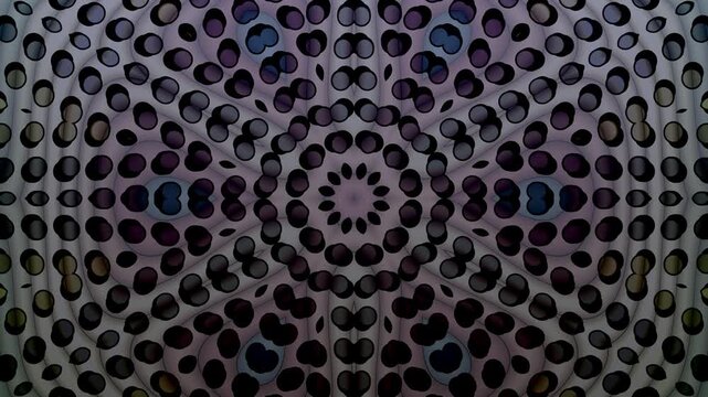 Abstract monochrome kaleidoscope animation with circular geometric patterns and hypnotic symmetry, perfect for modern artistic backgrounds.