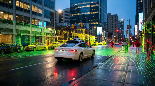 Autonomous self-driving car navigating smart city street with lidar scanning technology