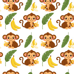 Cute cartoon monkey with banana and tropical leaves seamless pattern © Tamila