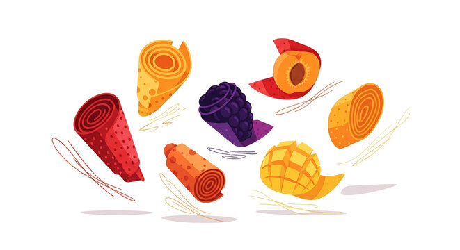 Assorted Fruit Leather Rolls and Fresh Slices Illustration, Healthy Dried Fruit Snacks, Natural Fruit Pastille Vector Set