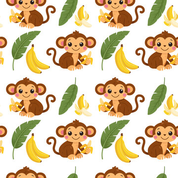 Cute cartoon monkey with banana and tropical leaves seamless pattern