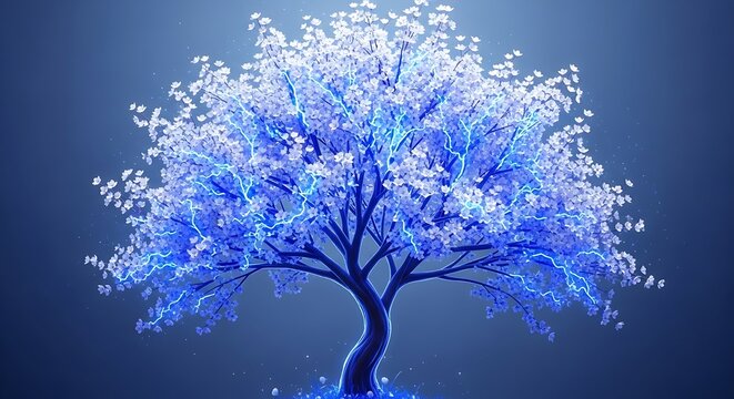 Glowing blue cherry blossom tree, ethereal illuminated sakura tree with white flowers, magical fantasy tree on dark blue background, mystical nature landscape
