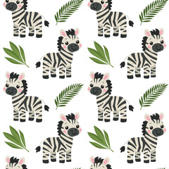 Obraz premium Seamless pattern with cute cartoon zebras and green tropical leaves