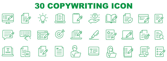 Obraz premium Copywriting Editable Line Icons Set for Content Creation, SEO, Marketing, Ads, Website Optimization, and Digital Advertising.