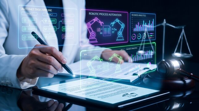 Legal Tech and Robotic Process Automation Concept with Lawyer Using Digital Tablet for Data Analytic s and Automated Task Pipelines