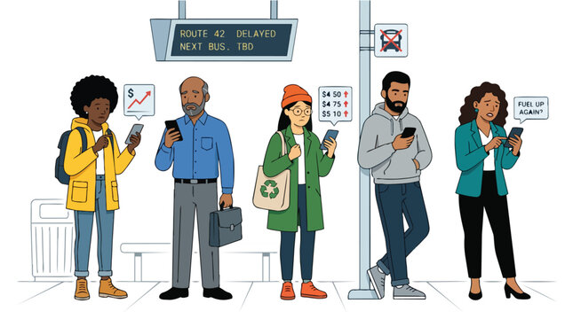 Diverse people at a delayed bus stop checking phones for rising costs, inflation, and financial news illustrating the high cost of living and economic challenges