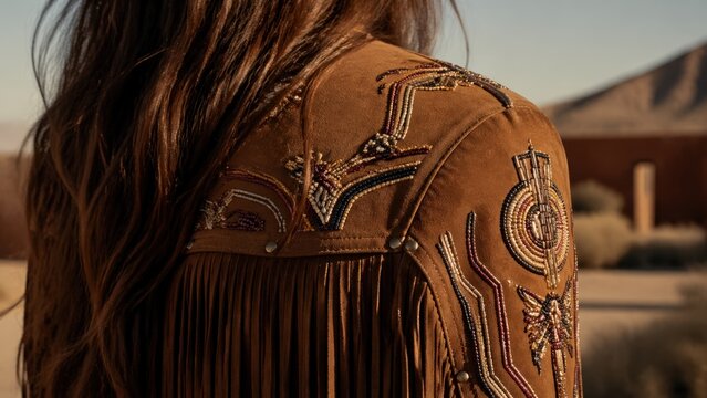 Woman wearing a detailed fringed suede jacket with colorful beadwork stands outdoors, showcasing intricate designs against a desert landscape with mountains in the background