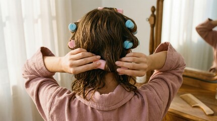 Naklejka premium Woman with brown hair in pink robe removes hair rollers while facing a mirror in a bright room, with natural light streaming through sheer curtains and wooden furniture visible in the background