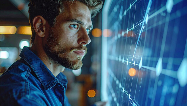 Tech Visionary: A focused individual studies intricate technological schematics on a massive digital display, absorbed in the complexities of innovation.
