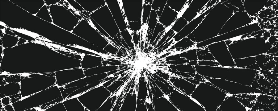 Realistic vector illustration of shattered glass texture with a central impact point and radial cracks, isolated on a black background.