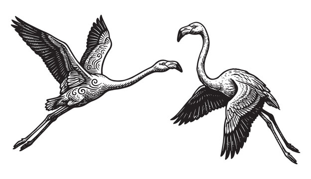 Flying Flamingo Pair Illustration, Classic Vintage Hand-Drawn Bird Etching