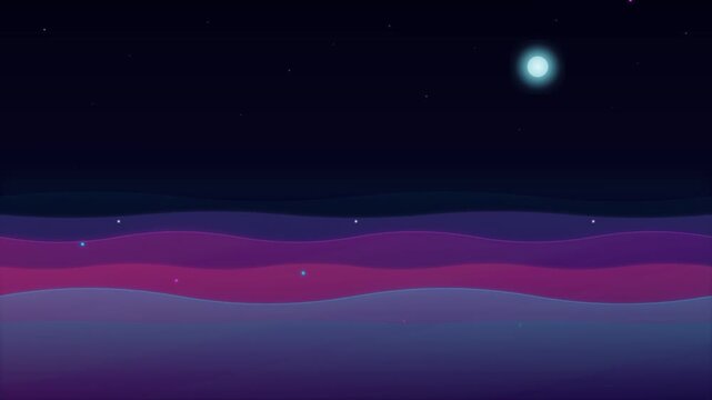 Cyan and magenta aurora waves morphing in fluid motion beneath a glowing moon orb in starlit night sky