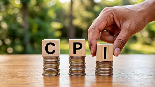 Hand stacking wooden blocks with CPI letters on coins ideal for sleek commercial backgrounds and title sequences