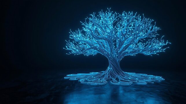 Intricate tree shape formed from glowing neon blue fiber optic cables