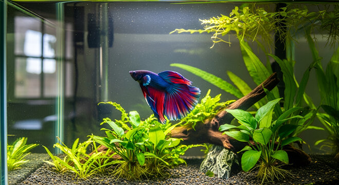 Colorful Betta fish swimming through lush green and red aquatic plants in a well-lit home aquarium.