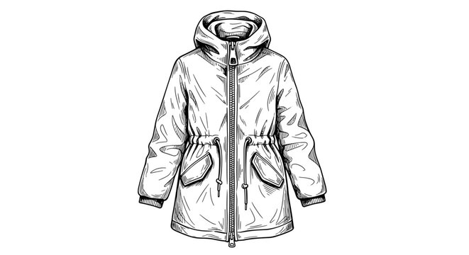 Detailed black and white illustration of a stylish parka coat with a zipped front and drawstring waist, featuring large pockets and a hood, isolated on white background