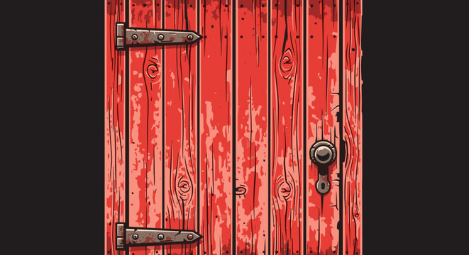 Rustic old barn door with vibrant red wood panels and vintage metal hinges, set against a dark background, showcasing weathered texture and antique charm