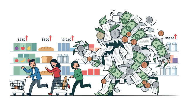 People running from a monster made of receipts and money in a supermarket due to rising prices and inflation, illustrating the high cost of living and financial burden