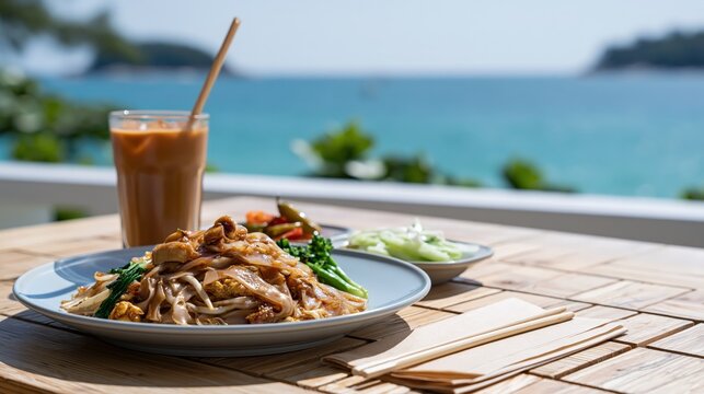Thai food lunch, pad see ew, stir fried wide rice noodles with chicken and vegetable salad