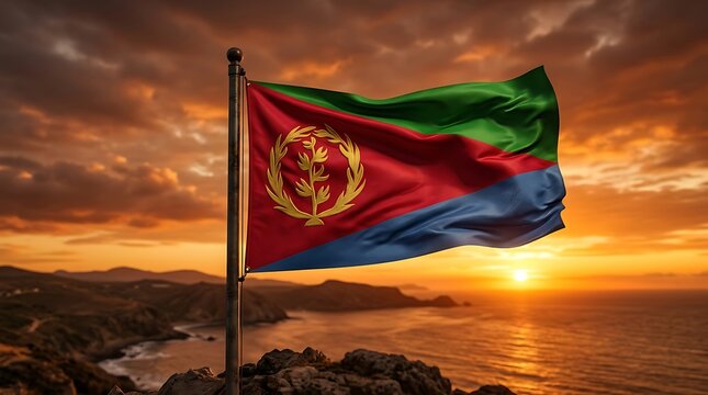 The National Flag of Eritrea Waves Proudly Above a Majestic Coastal Landscape, Illuminated by the Golden Hues of a Breathtaking Sunset, Symbolizing Hope and Resilience