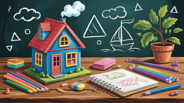 Charming Hand-Drawn Illustration of a Blue House with School Supplies and Chalkboard Elements